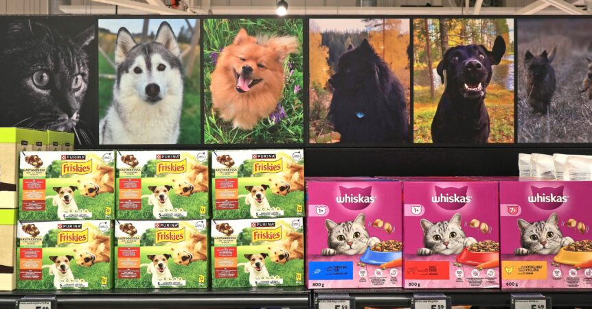 K-Supermarketin koiranruokahyllyä koristavat kuvat asiakkaiden koirista.