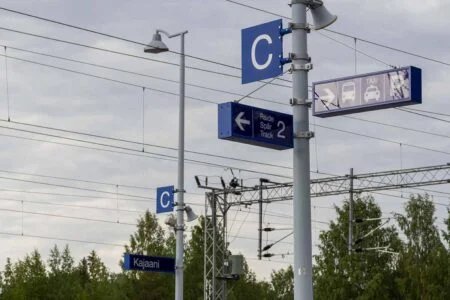 Blue platform and area signs at Kajaani railway station Blue platform and area signs at Kajaani railway station
