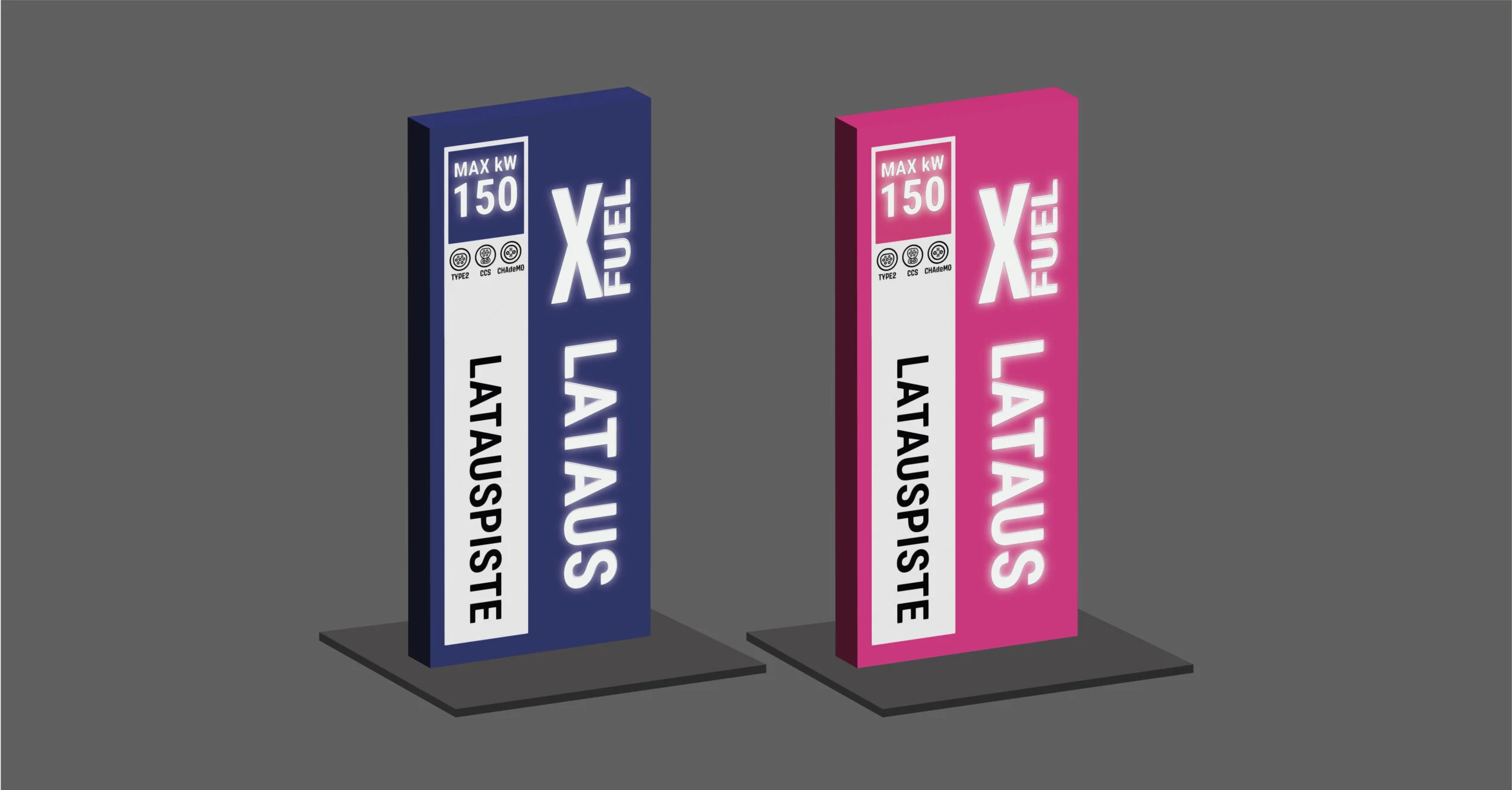 Havainnekuva kahdesta korkeasta XL Fuel -latauspisteopasteesta sinisenä ja pinkkinä