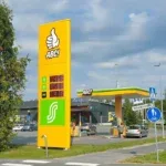 Keltainen ABC-hintapyloni ja polttoaineaseman katos tien varrella.