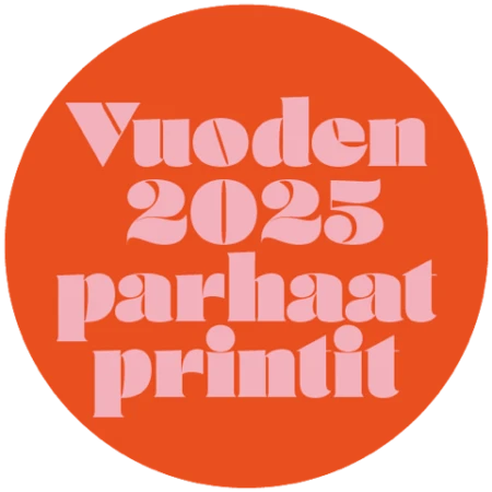 Vuoden 2025 parhaat printit -teksti oranssissa ympyrässä