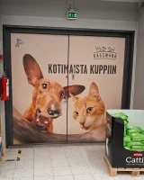 Koiran ja kissan kuvat Dagsmarkin teipatussa ovipinnassa
