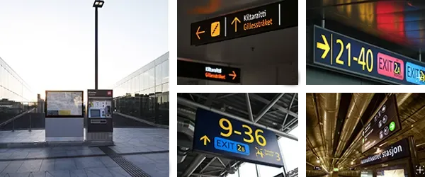 Kollaasi ulkotilan karttatauluista sekä valaistuista asema- ja lentoasemaopasteista.