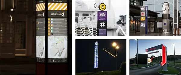 Kollaasi Jätkäsaaren karttaopasteesta, liikenteen opastepylväistä ja myymälöiden mainospyloneista.