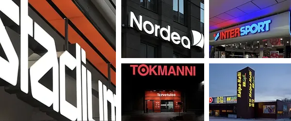 Kollaasi Stadiumin, Nordean, Intersportin, Tokmannin ja Halpa-Hallin valokirjaimista.