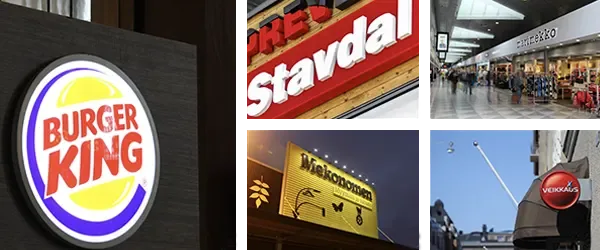 Kollaasi Burger Kingin, Stavdalin, Marimekon, Mekonomenin ja Veikkauksen mainoskylteistä.